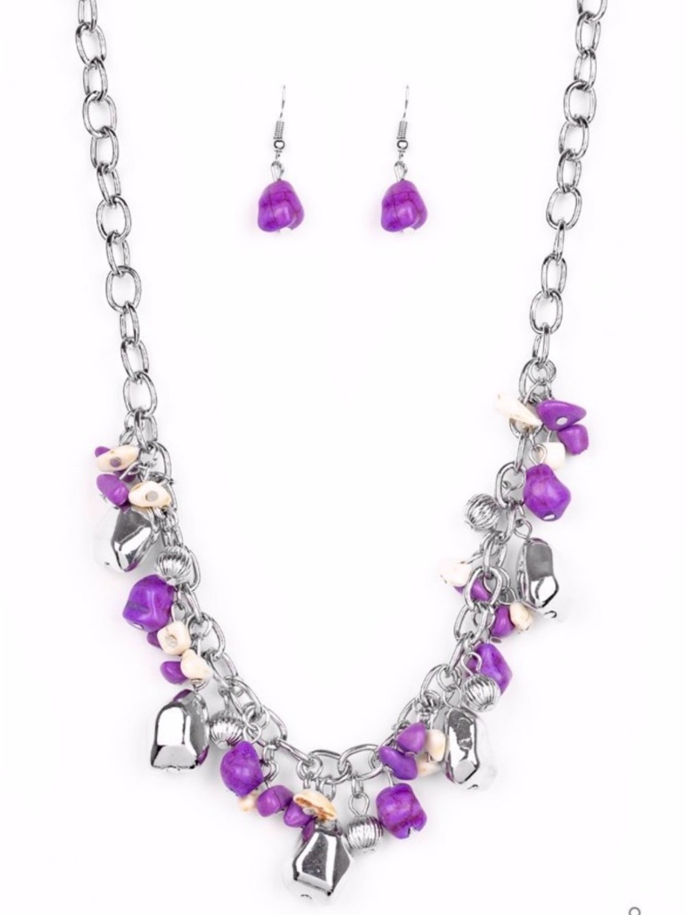 N-79 paparazzi Purple and Cream Charm Drop Necklace and Earring Set